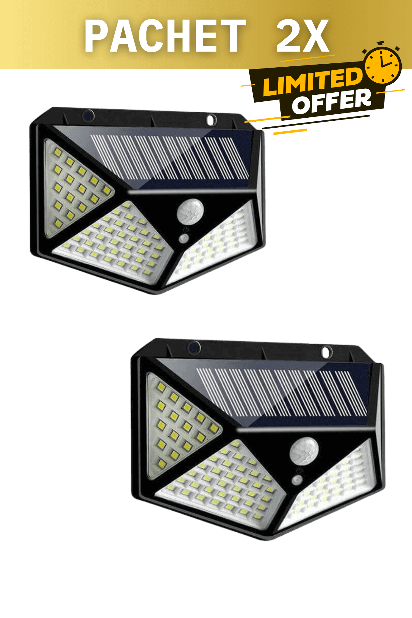 Set 2 lămpi solare LED cu senzor de mișcare pentru exterior, 100 LED-uri, iluminare 1400 lumeni, rezistență apă IP65