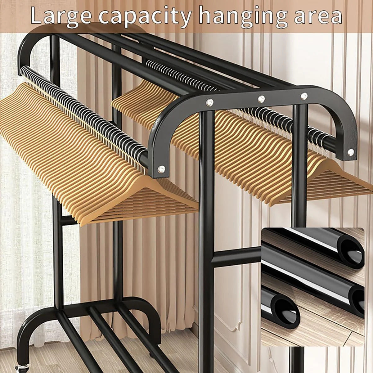 suport haine modern cu două bare și raft de depozitare