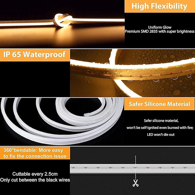 Kit Complet Furtun LED Neon Flex 220V cu Cablu Alimentare – Iluminare Flexibilă și Puternică Alb Rece, Roșu, Alb Cald, Alb Natural, Mov, Albastru, Galben Lămâie
