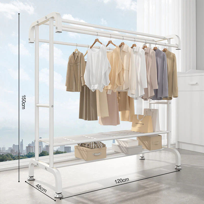 Suport dublu umerașe haine din metal, cu raft superior și suport pantofi – Capacitate 50KG, Dimensiuni 150x120x48cm – Organizator robust pentru dormitor sau dressing