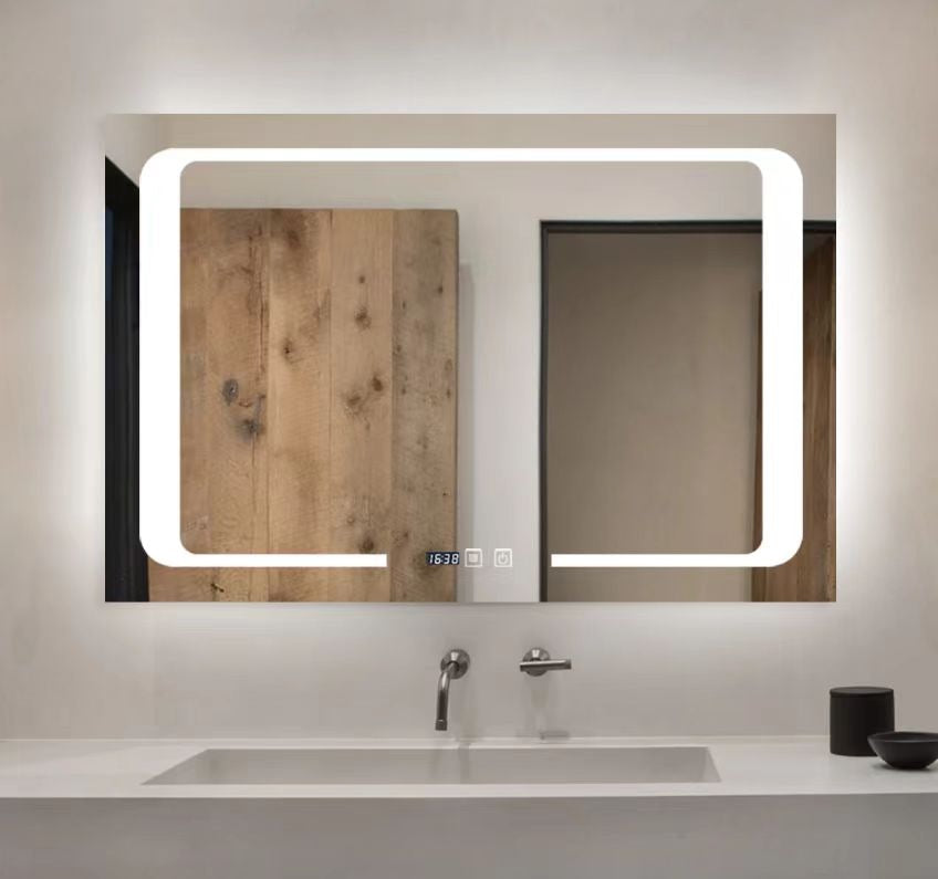Oglindă LED Premium 24W 90x60 cm fără ramă, control touch, dezaburire, afisaj digital ceas și temperatură, lumini 3 culori reglabile pentru baie