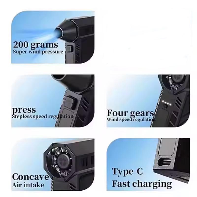 Mini Suflantă Portabilă 2 în 1 cu Lanternă LED – Turbo 130.000 RPM, Baterie 5.000 mAh, Putere Reglabilă – Curăță Rapid Praful, Părul, Firimiturile și Frunzele – Ideală pentru Casă, Birou, Mașină și Călătorii
