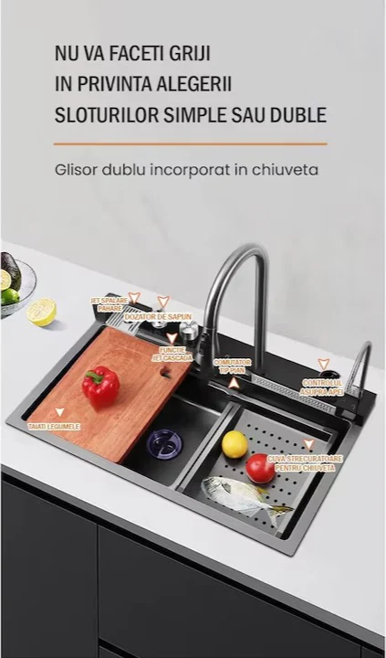 chiuvetă inox bucătărie multifuncțională cu LED ambiental
