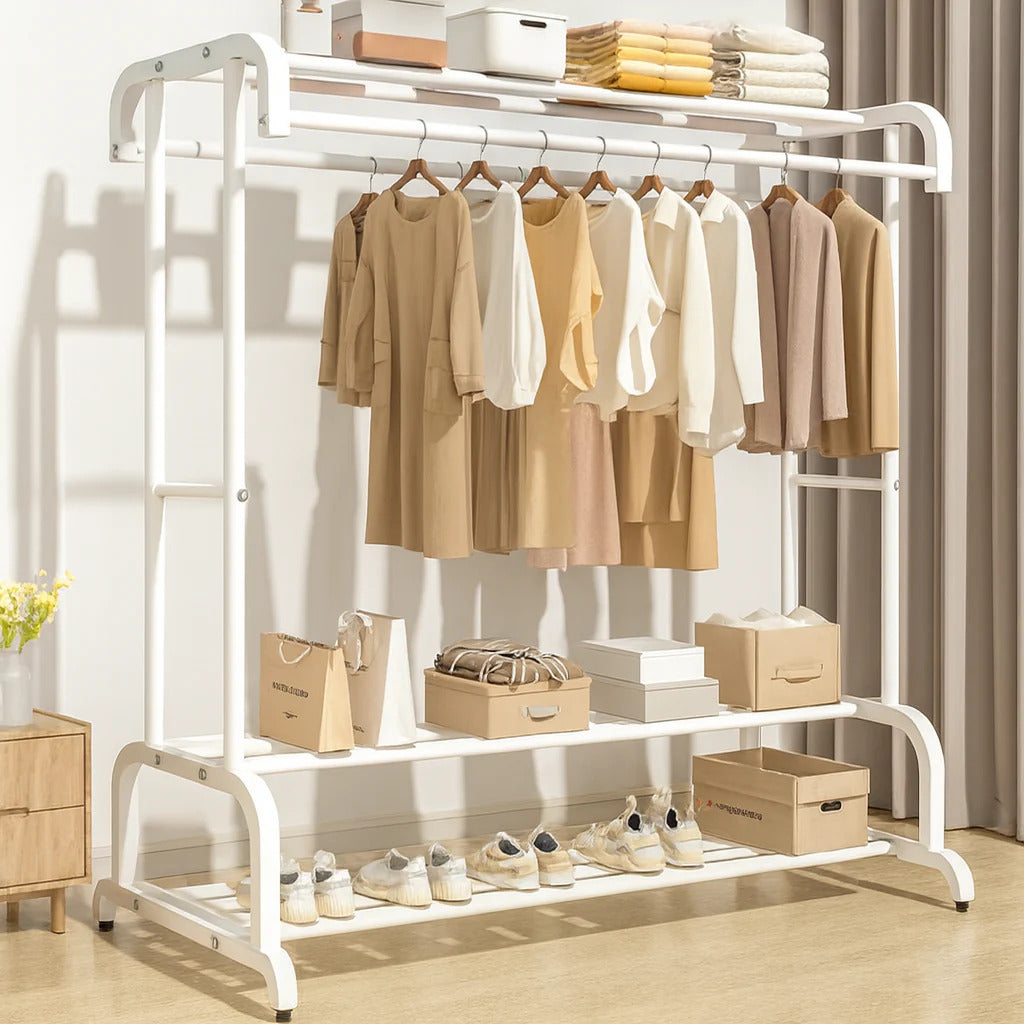 Organizator haine metalic cu două bare, raft superior și suport pantofi pentru dressing