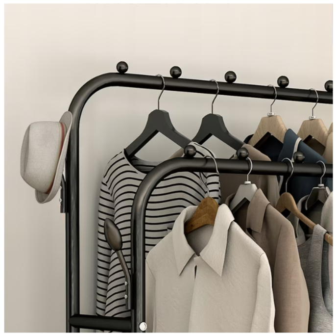stand haine metalic cu cârlige laterale și poliță negru