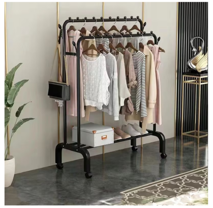 stand organizare haine cu roți, poliță depozitare, culoare neagră