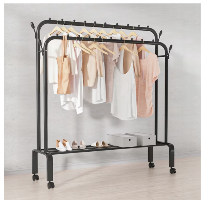 organizator haine cu roți, poliță depozitare și cârlige, negru