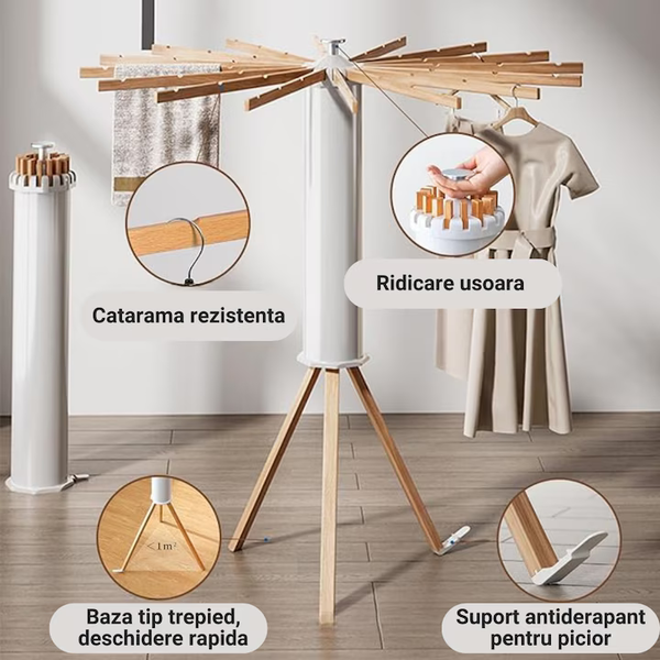 Uscator haine pliabil din lemn natural – 12/16 bete, rotire 360°