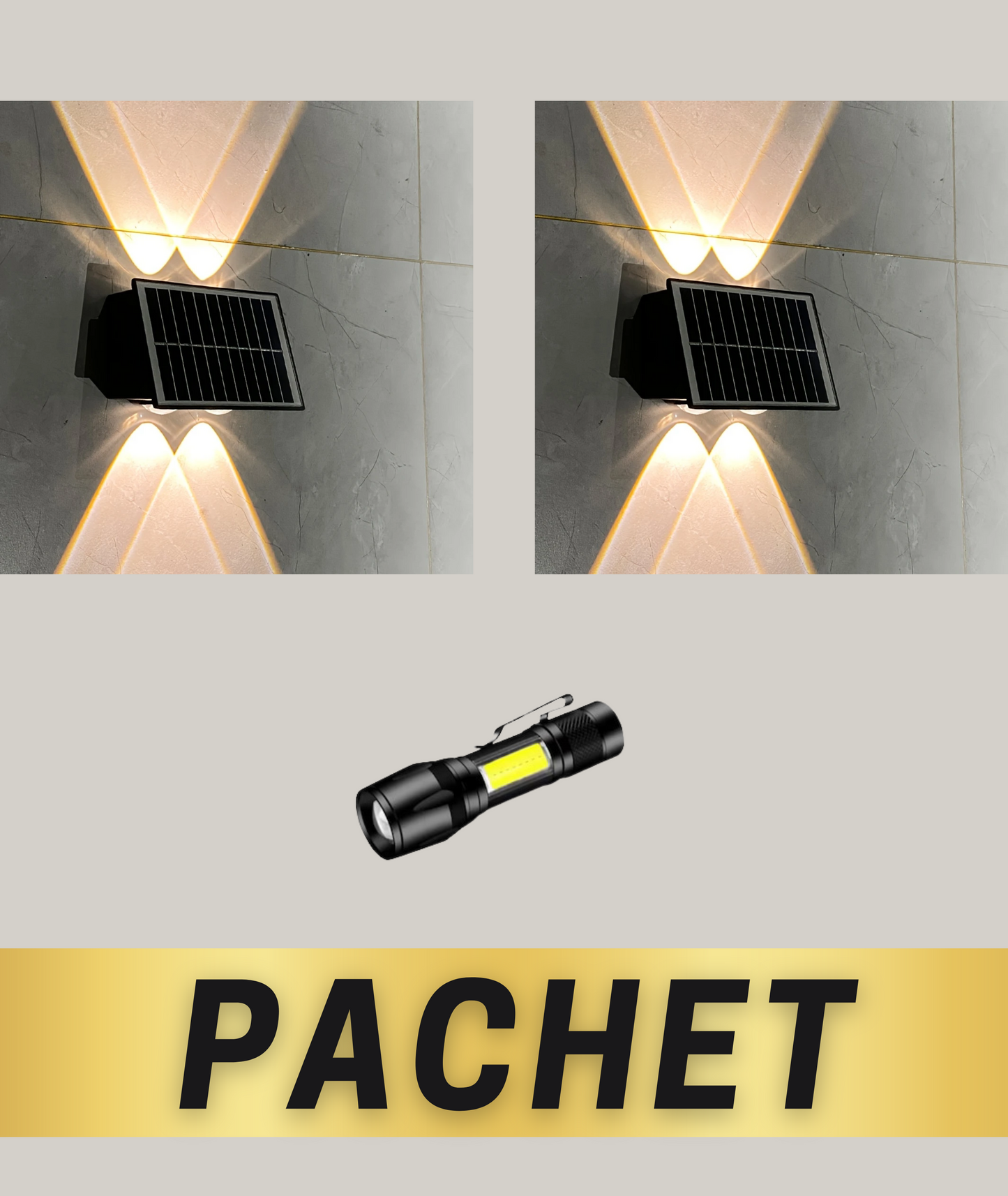 Lampă Solară de Perete Exterior cu LED – Iluminare Sus și Jos, 2 Moduri, 4W, 12.000mAh, Lumină Galbenă Caldă – Eficiență Energetică Ridicată