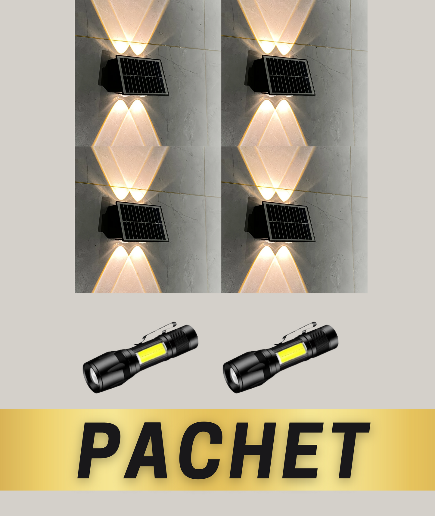 Lampă Solară de Perete Exterior cu LED – Iluminare Sus și Jos, 2 Moduri, 4W, 12.000mAh, Lumină Galbenă Caldă – Eficiență Energetică Ridicată