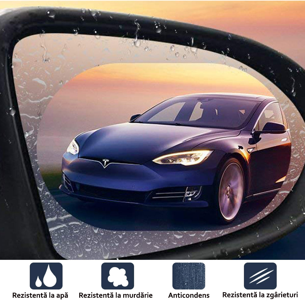Set 2 Folii Hidrofobe pentru Oglinzi Retrovizoare Auto – Anticondens, Antizgârieturi, 95x135mm – Vizibilitate Clară pe Ploaie și Ceață