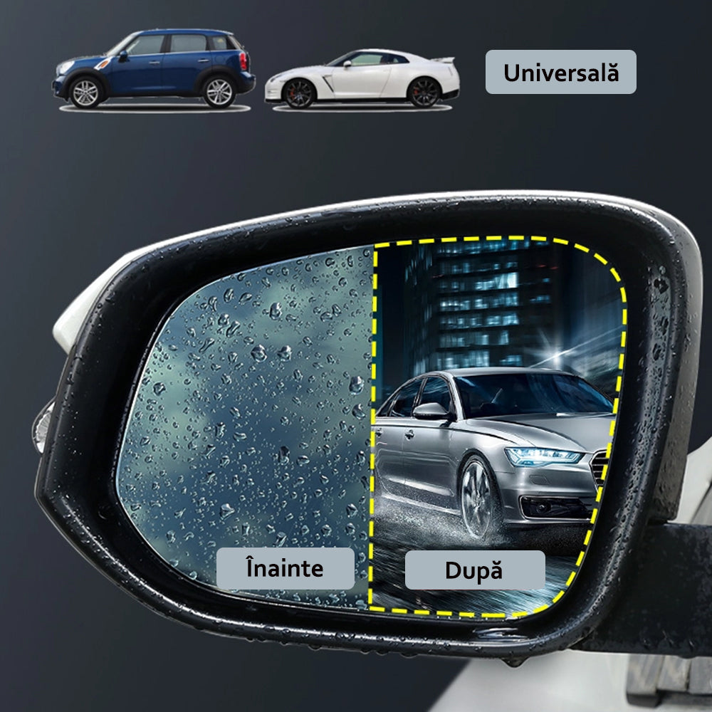 Set 2 Folii Hidrofobe pentru Oglinzi Retrovizoare Auto – Anticondens, Antizgârieturi, 95x135mm – Vizibilitate Clară pe Ploaie și Ceață