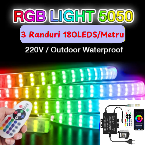 Kit Bandă LED RGB 5050 Premium 3 Randuri, 180 LED-uri/m