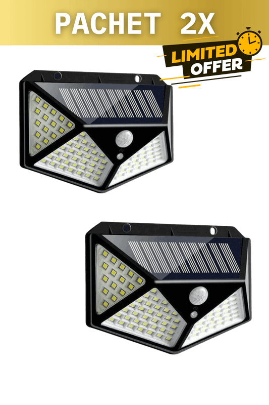 Set 2 lămpi solare LED cu senzor de mișcare pentru exterior, 100 LED-uri, iluminare 1400 lumeni, rezistență apă IP65