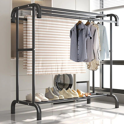 Suport dublu umerașe haine din metal, cu raft superior și suport pantofi – Capacitate 50KG, Dimensiuni 150x120x48cm – Organizator robust pentru dormitor sau dressing