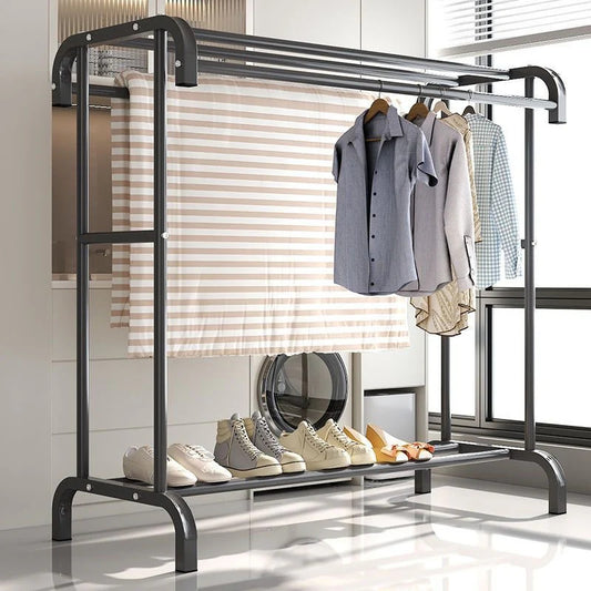 Suport dublu umerașe haine din metal, cu raft superior și suport pantofi – Capacitate 50KG, Dimensiuni 150x120x48cm – Organizator robust pentru dormitor sau dressing