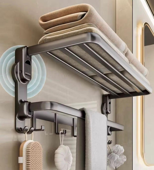 Suport rabatabil inox pentru prosoape baie cu ventuze, gri și rezistent la rugină