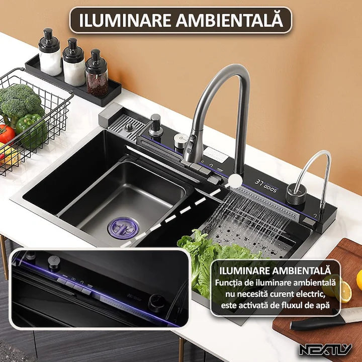 chiuvetă smart bucătărie inox cu baterie extensibilă și LED