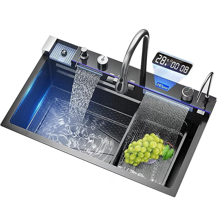 chiuvetă inox bucătărie cu afișaj digital și iluminare LED
