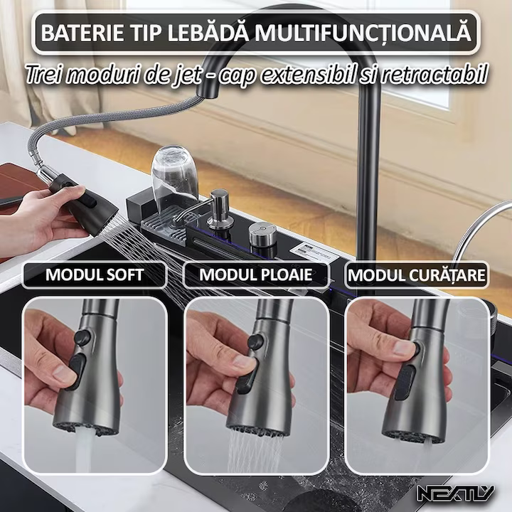chiuvetă inox modernă bucătărie cu iluminare LED smart