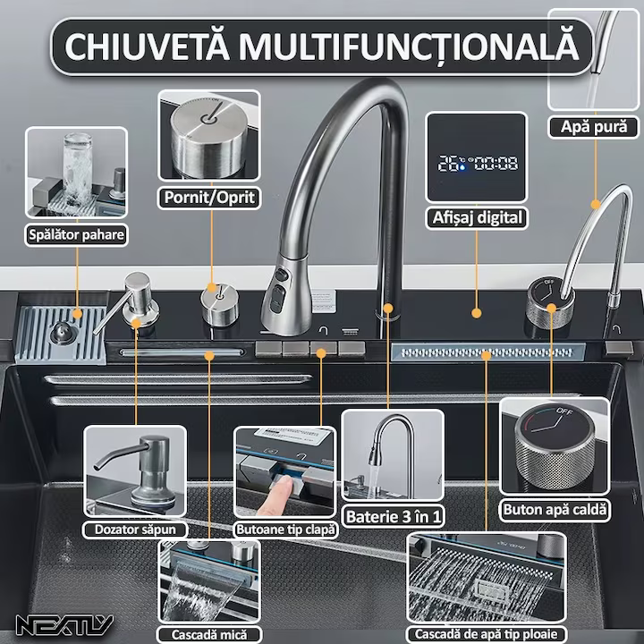 chiuvetă inox bucătărie cu afișaj digital temperatură apă