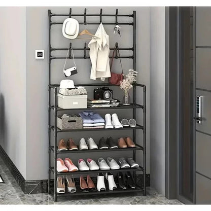 Cuier metalic multifunctional cu 5 rafturi si 8 carlige pentru hol, haine si pantofi – design modern si rezistent
