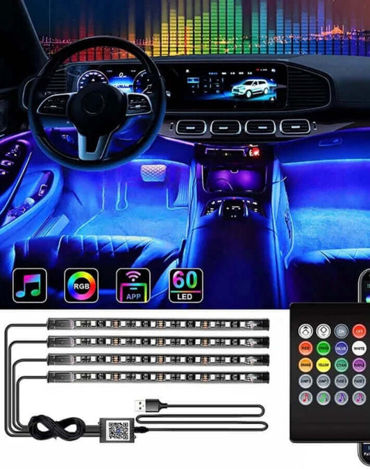 Set 4 Benzi LED Ambientale RGB pentru Interior Auto – Iluminare Decorativă cu Montare la Picioare, Atmosferă Modernă în Mașină