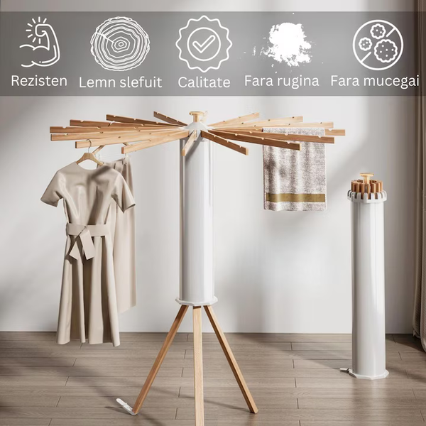 Organizator rufe pliabil din lemn – suport haine rezistent si practic