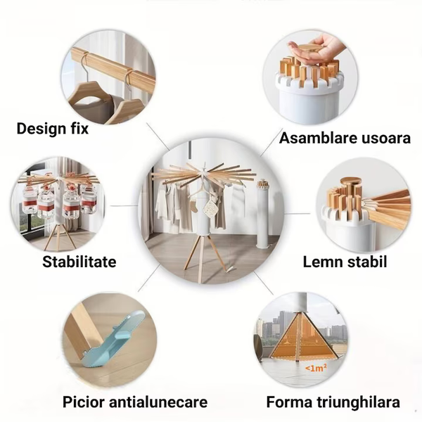Suport haine pliabil din lemn – 12/16 bete, rotire 360°, usor de folosit
